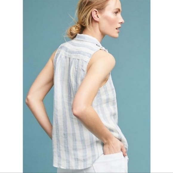 MAEVE Anthropologie Blue White Linen Lace Sleeveless Edinboro Top Small - Picture 5 of 8